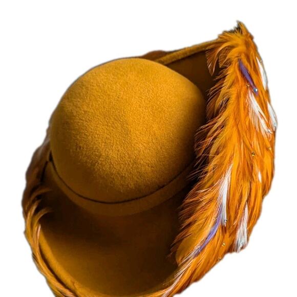 George Zamaul Couture Ladies Orange Felt Hat Feathers Rhinestones Church Formal main image 14
